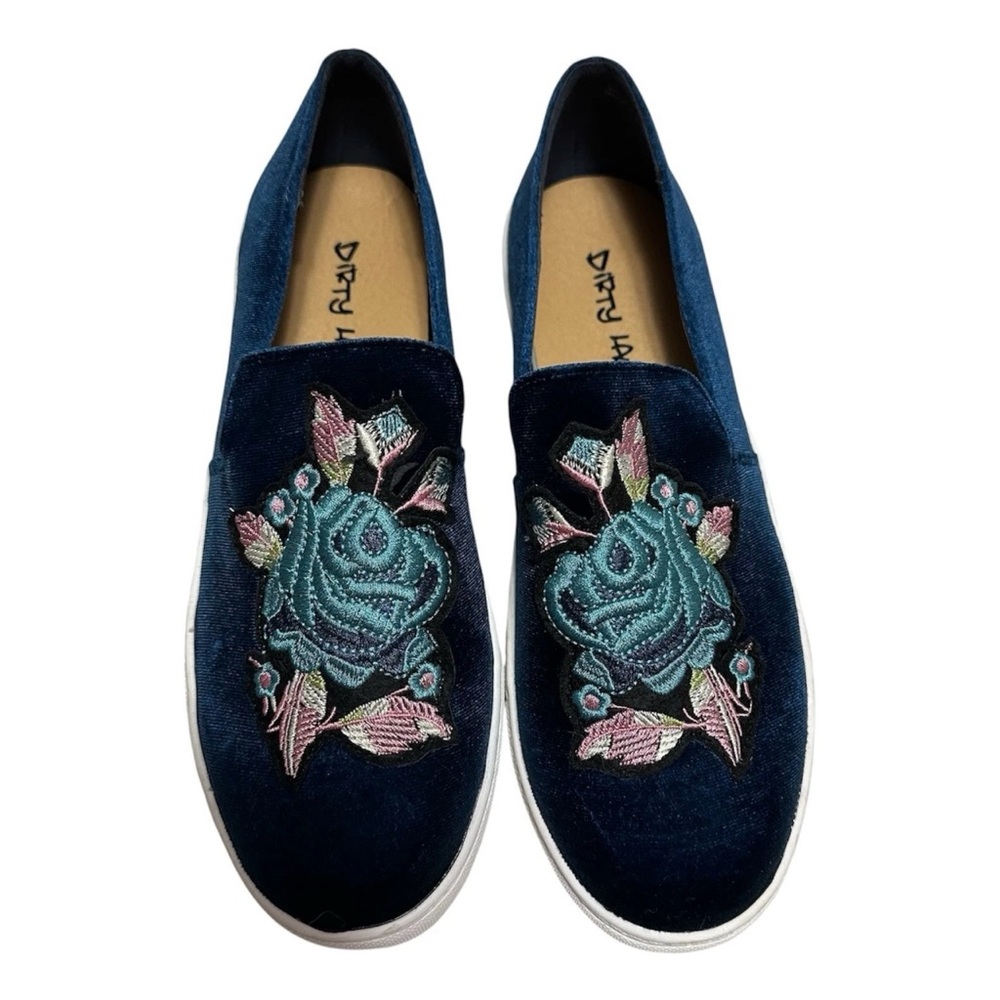 Dirty Laundry Blue Suede Slip On Sneakers Embroidered Floral Sz 8